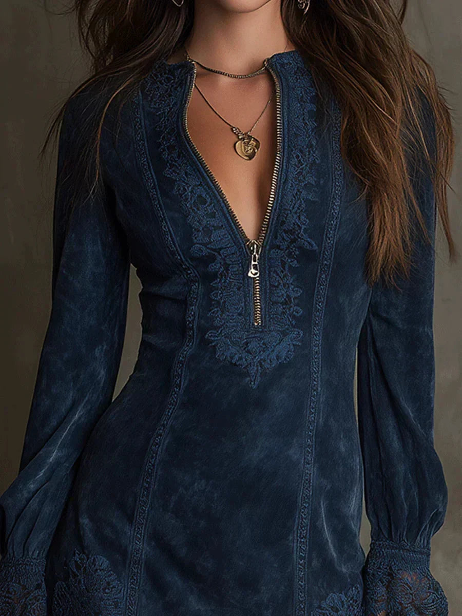 Zip-Front V-Neck Lace Trim Long Sleeve Bodycon Mini Dress