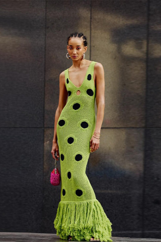 Green Polka Dot Knit Fringe Hem Maxi Dress