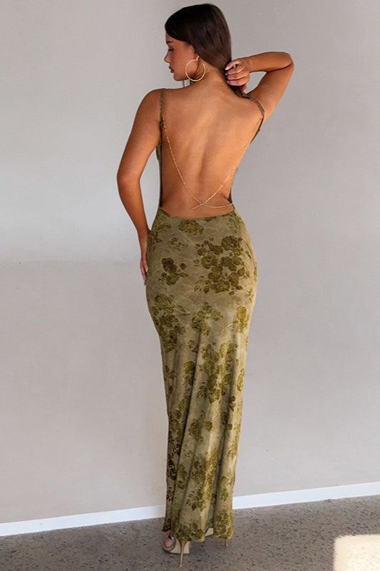 Green Spaghetti Strap Backless Chain Detail Burnout Floral Mesh Maxi Dress 4
