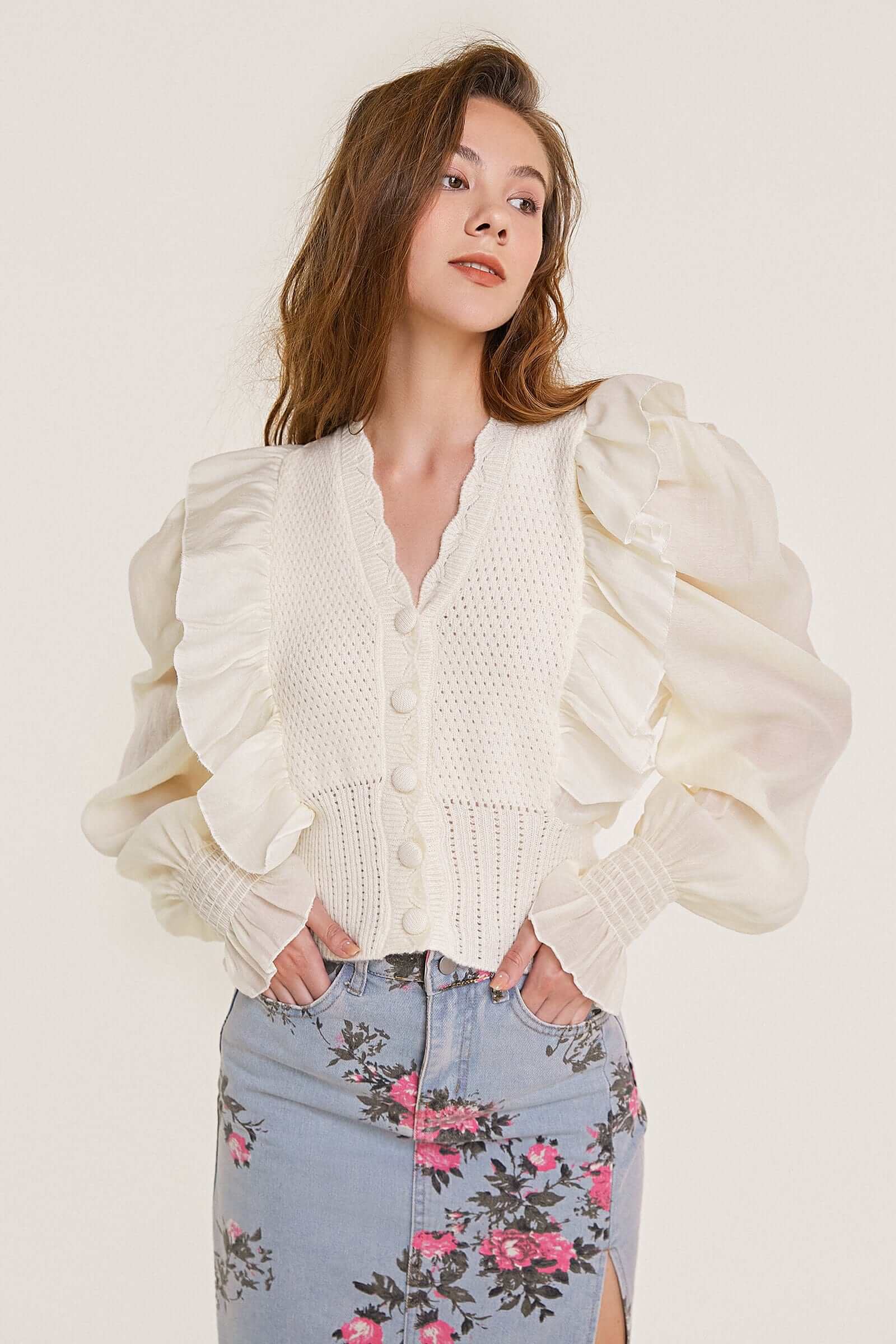 Beige Pointelle Knit Ruffled Chiffon Puff Sleeve Cardigan