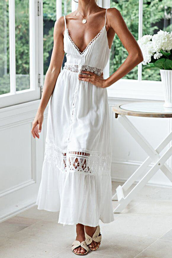 White Deep V Neck Crochet Lace Insert Button Front Ruffle Hem Midi Dress 2