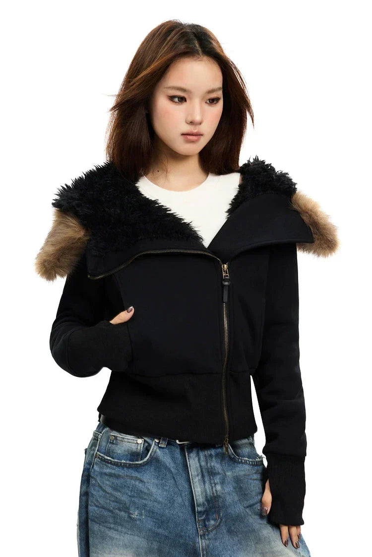 Fleece-Lined Hooded Fur-Collar Zip Short Jacket