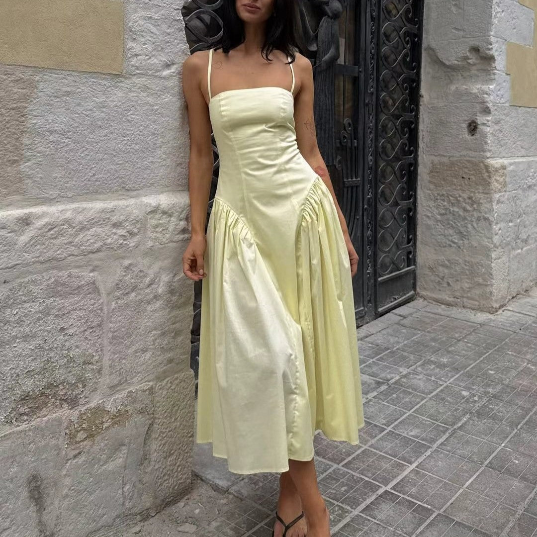 Women Clothing at Tie Waist Trimming Spaghetti Straps Dress