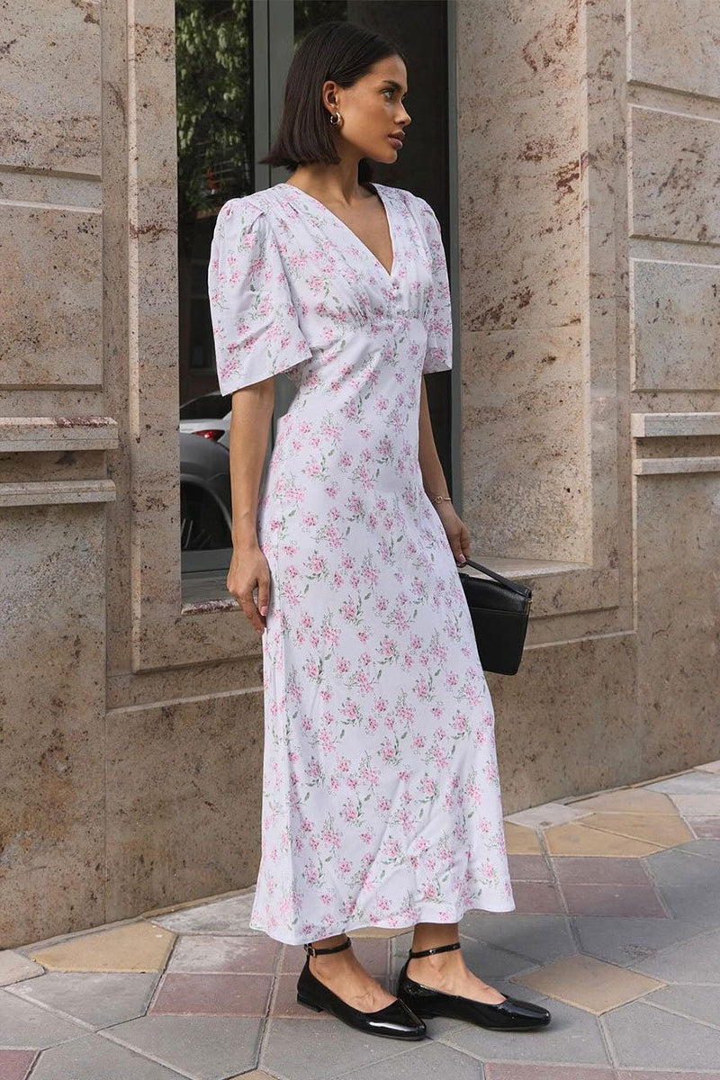White Deep V Neck Puff Sleeve Empire Waist Button Detail Ditsy Floral Midi Dress 3
