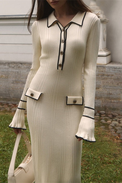 Chic Ruffled Collar SlimFit Knit Midi Sweater Dress