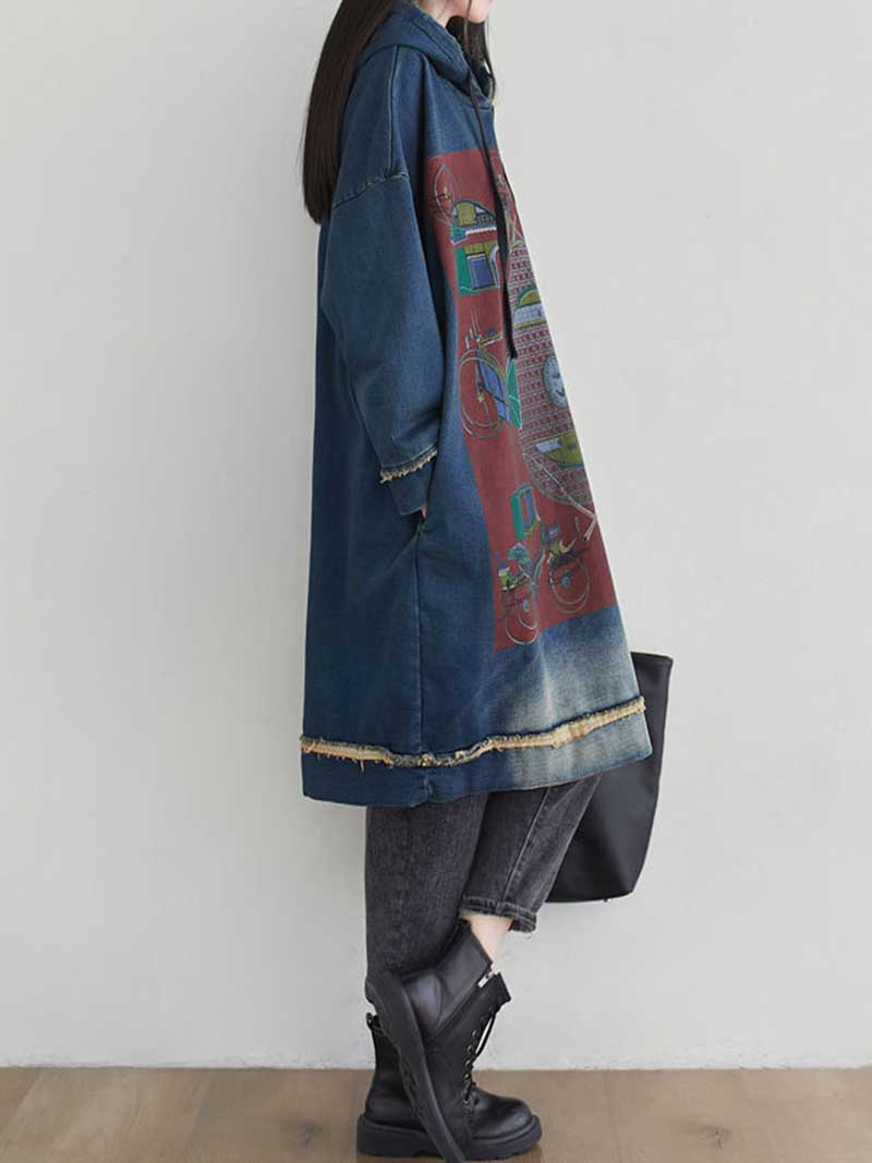 Hooded Graphic Print Frayed Hem Oversized Sweatshirt Midi Dress