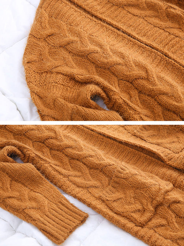 Open Front Cable Knit Fuzzy Longline Pocket Cardigan 11