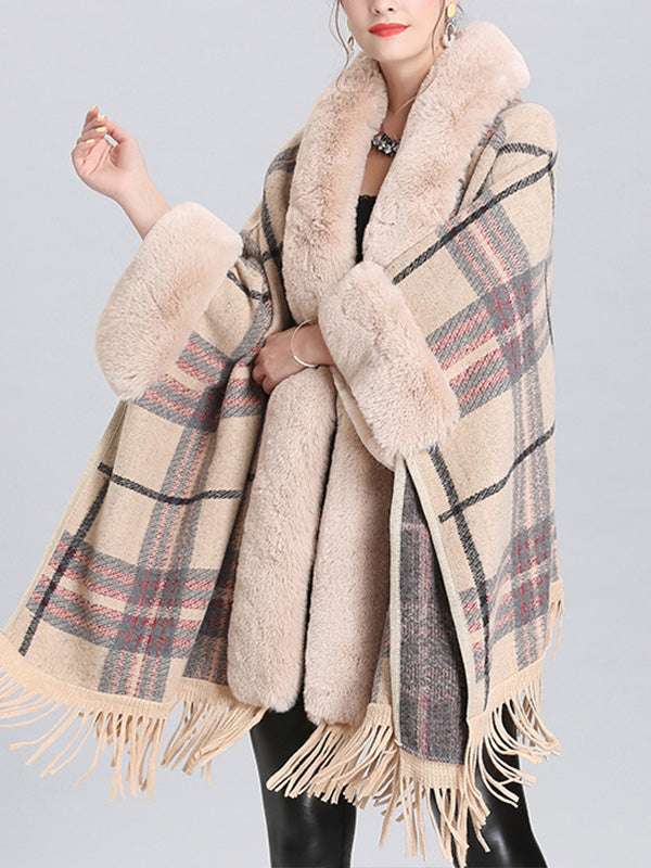 Faux Fur Trim Plaid Tassel Hem Cape Poncho Cardigan