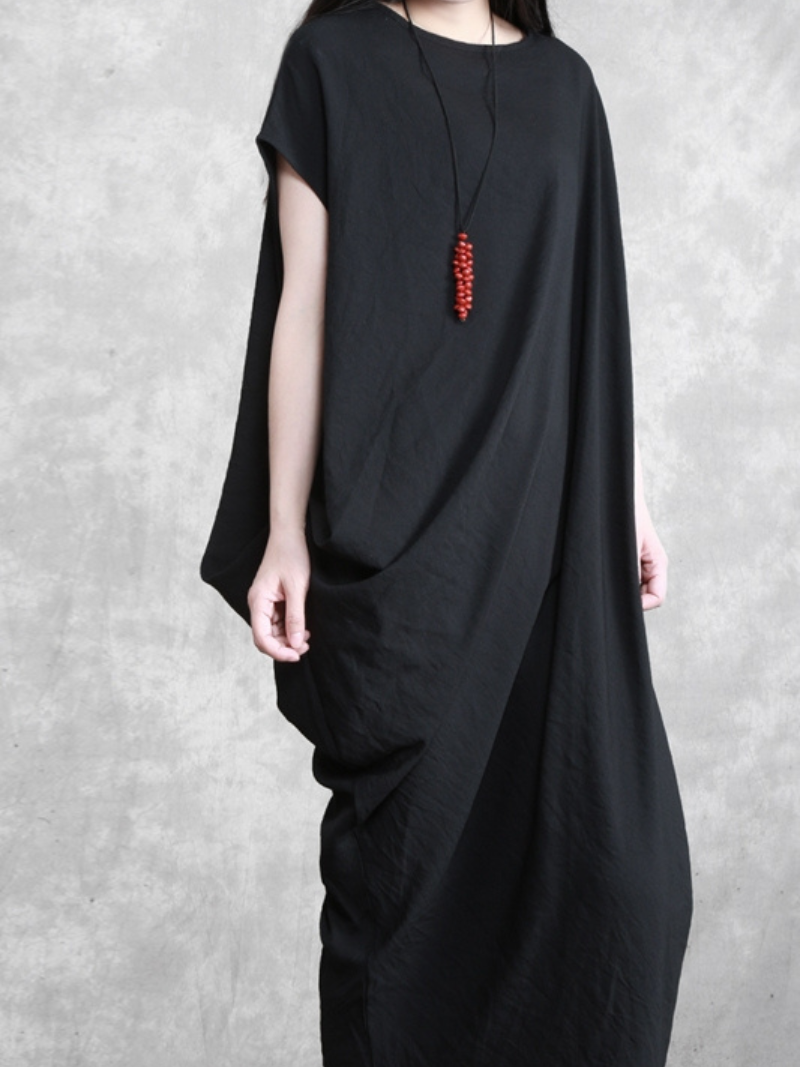 Round Neck Batwing Sleeve Draped Loose Cocoon Maxi Dress 2
