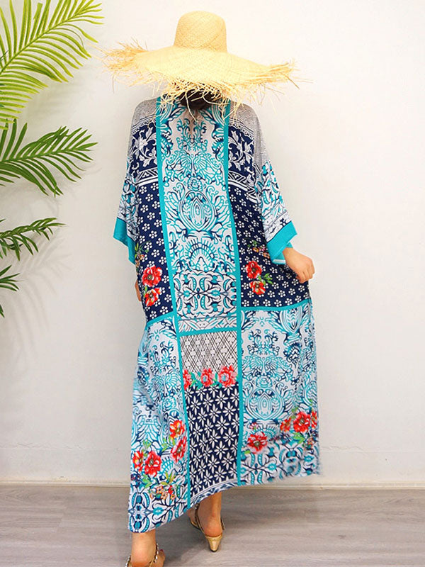 Blue Tie Neck Batwing Sleeve Boho Print Side Slit Kaftan Maxi Dress 4