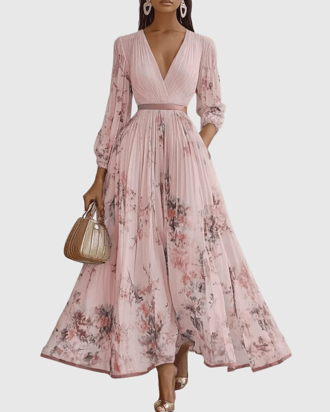 V-Neck Floral Print Sleeveless Pleated A-Line Maxi Dress