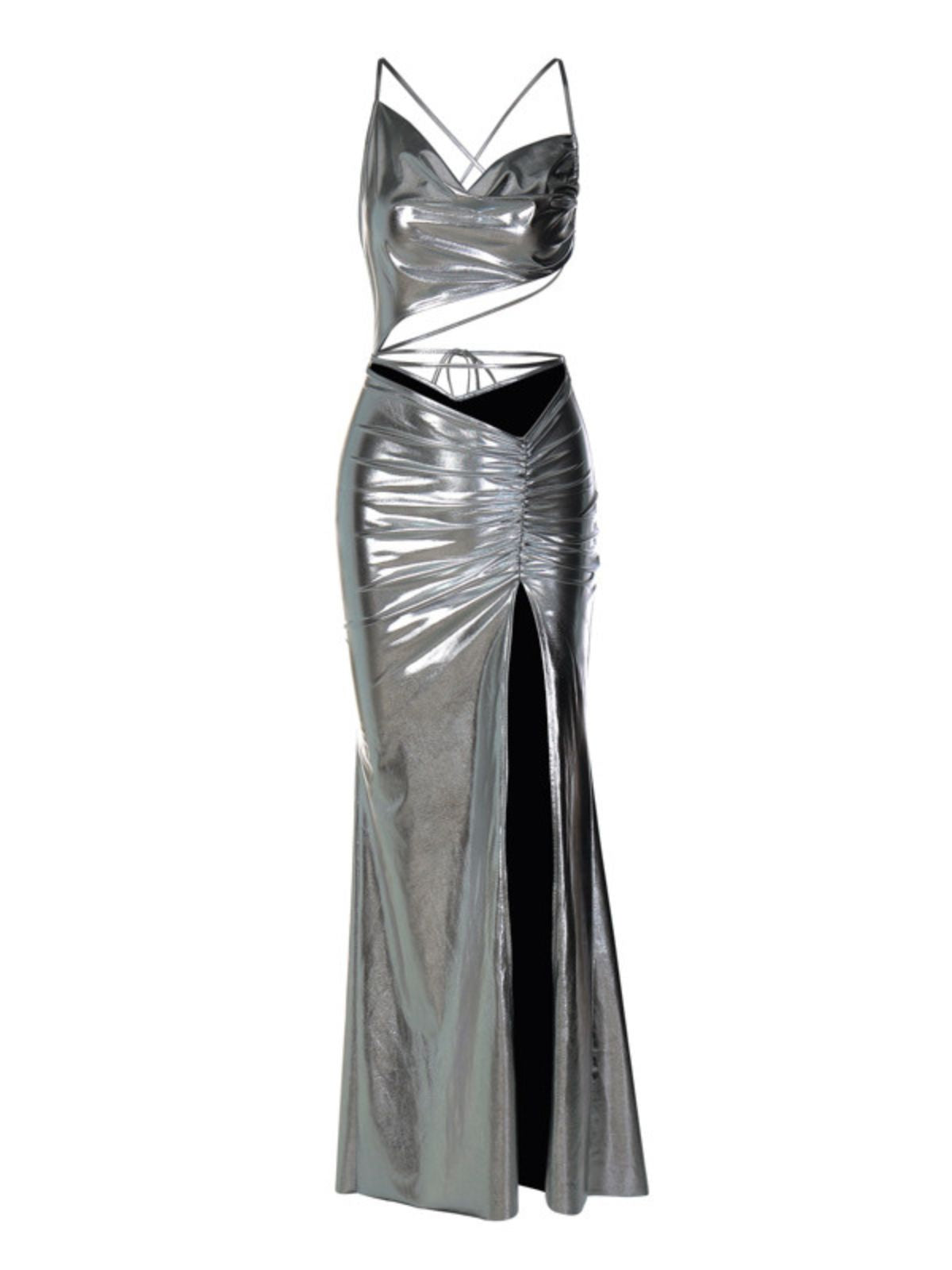 Spaghetti Strap Metallic Strappy Cutout Ruched High Slit Maxi Dress 6