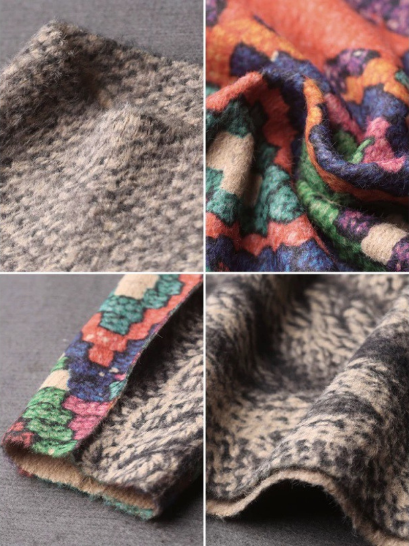 Khaki Mock Neck Geometric Pattern Long Sleeve Loose Knit Sweater