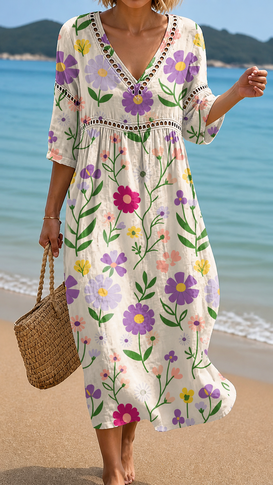 V-Neck Crochet Trim Daisy Floral Half Sleeve A-Line Maxi Dress
