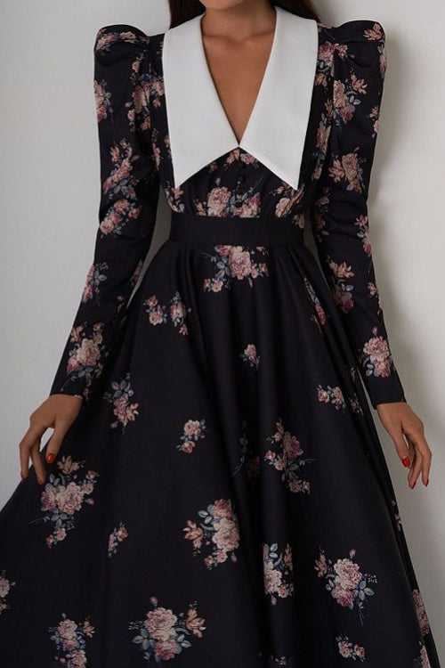 Contrast Collar Puff Sleeve Belted Ditsy Floral Print Midi Dress 4