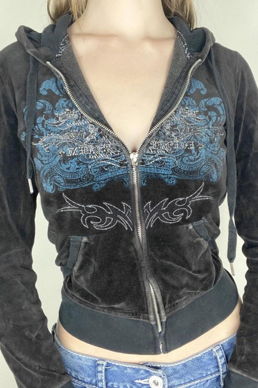 Printed Rhinestone Zip-Up Hoodie