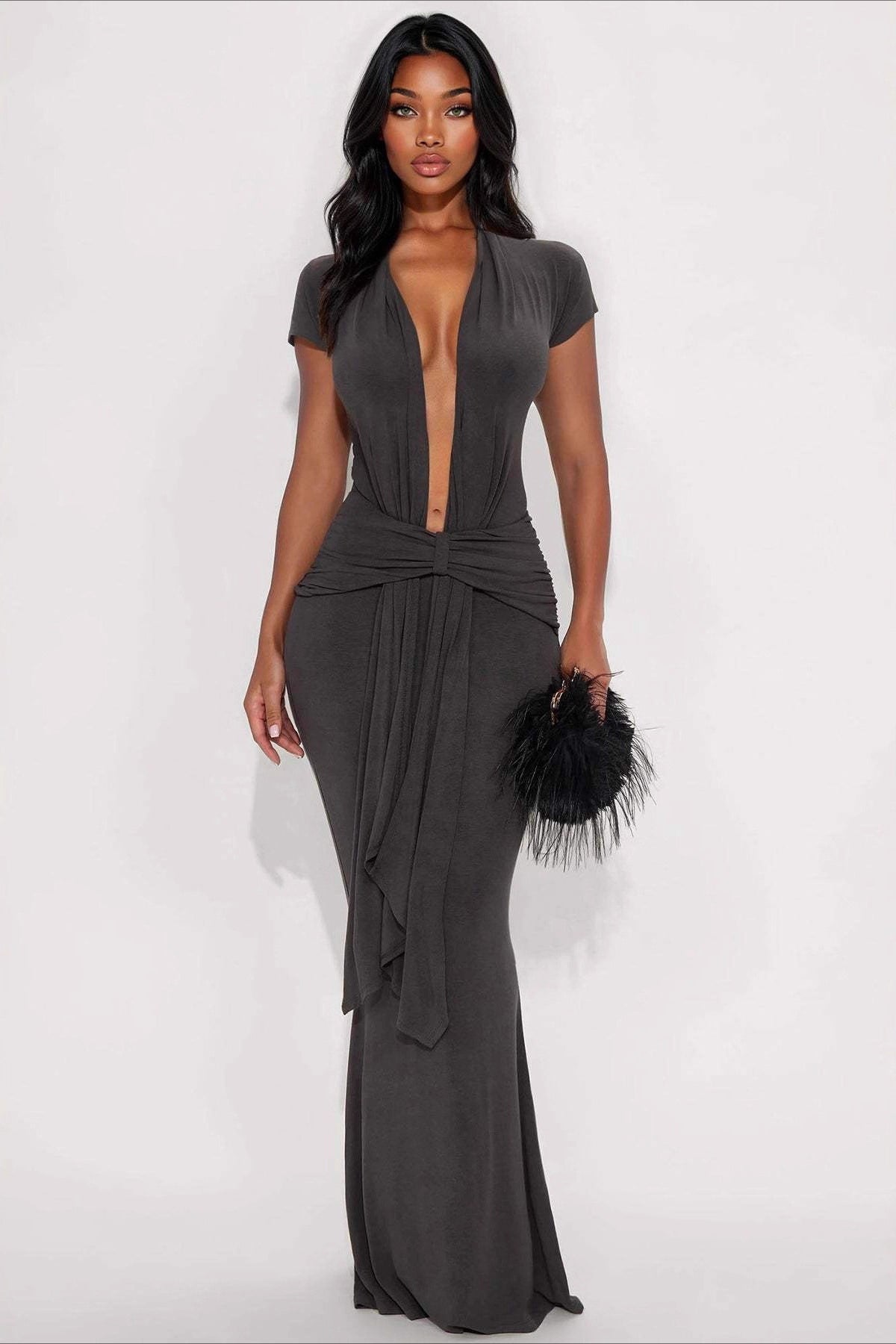 Solid Plunge V Short Sleeve Tie Slim Bodycon Dress