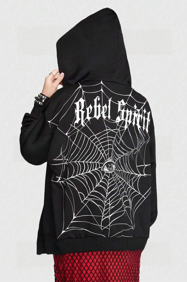 Spider Web Letter Print Punk Zip Hoodie