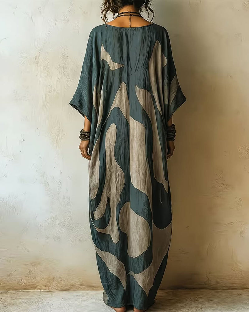V-Neck Abstract Swirl Print Batwing Sleeve Oversized Kaftan Maxi Dress 3