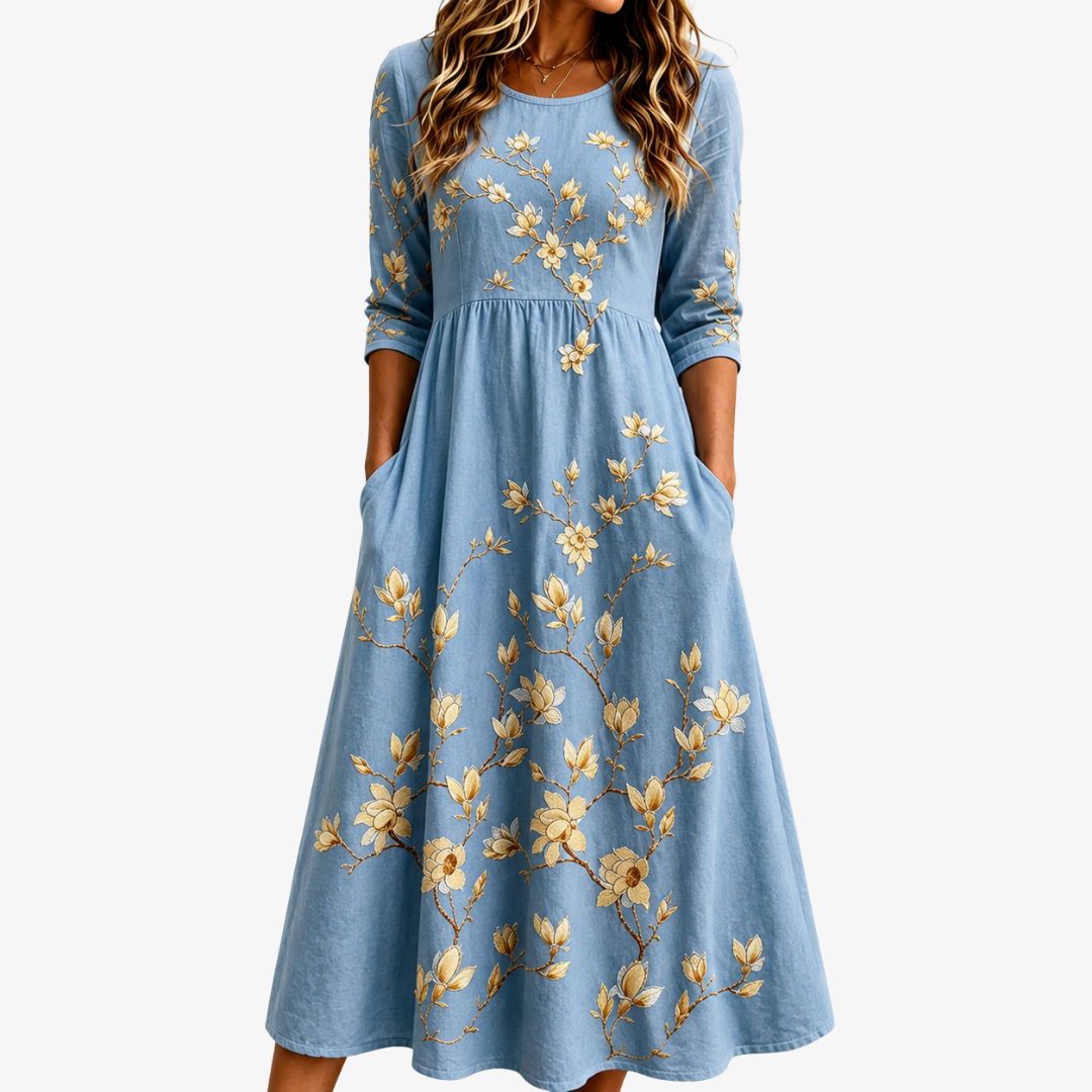 Round Neck Floral Print Empire Waist A-Line Midi Dress