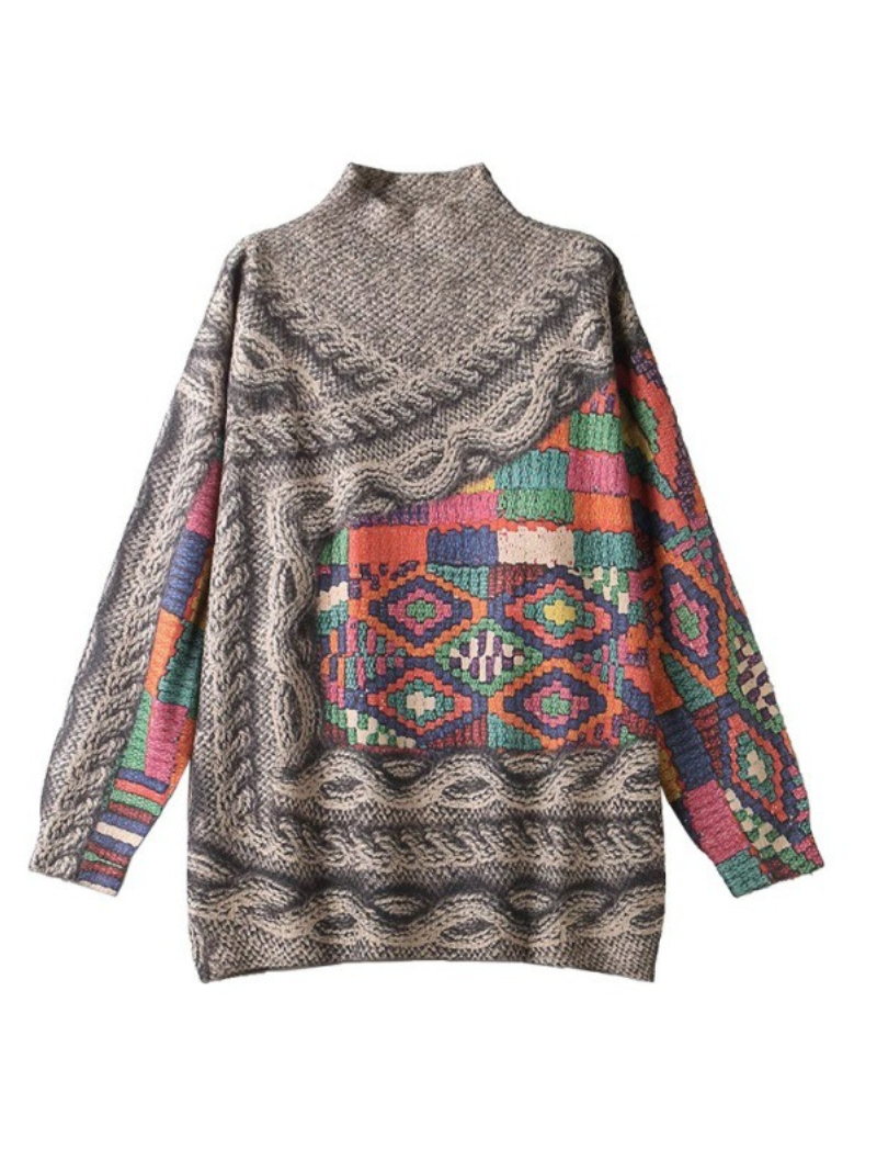 Khaki Mock Neck Geometric Pattern Long Sleeve Loose Knit Sweater