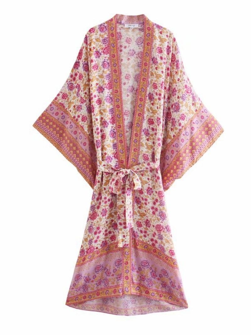 Pink Open Front Floral Print Belted Bohemian Maxi Kimono