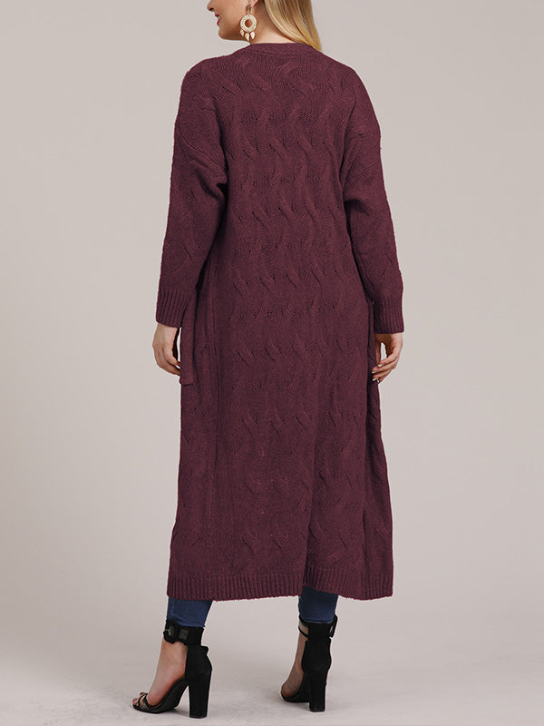 Open Front Cable Knit Pocket Longline Cardigan