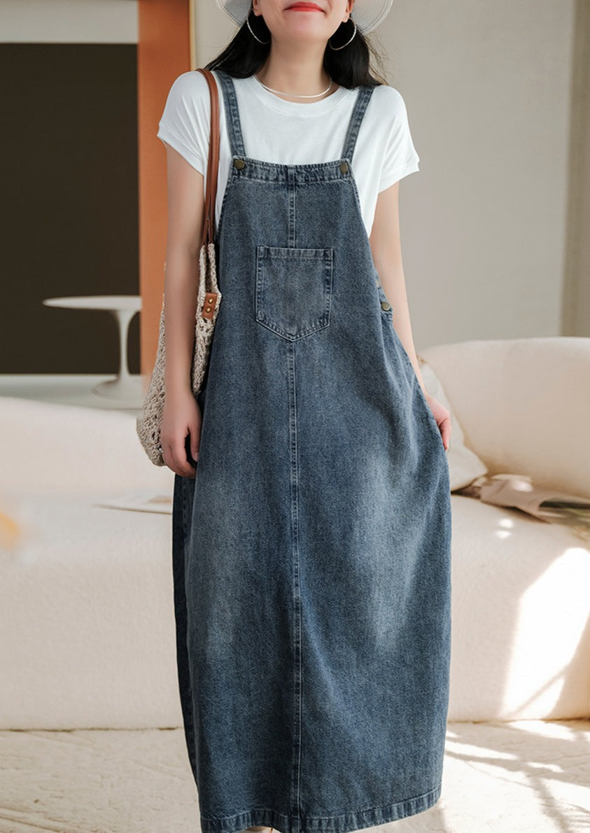 Summer Retro Washed Solid Spliced Denim Vest Dress - Omychic