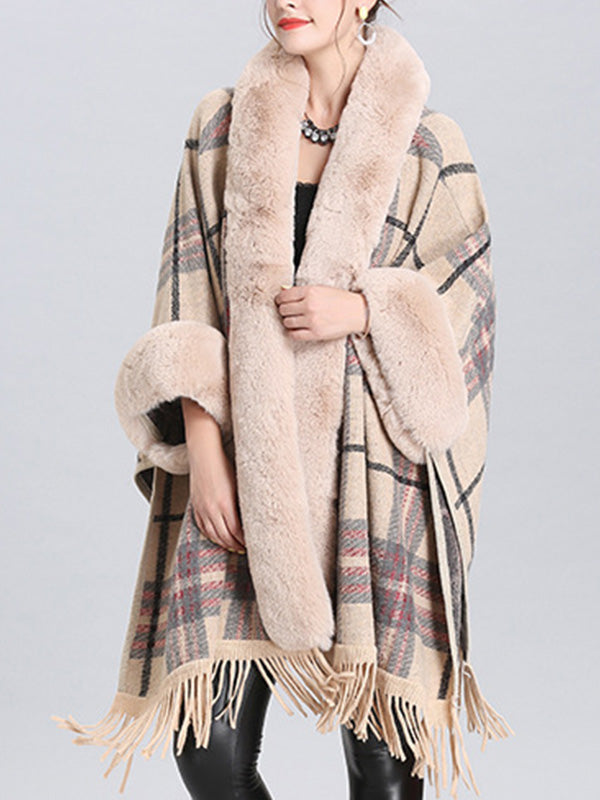 Faux Fur Trim Plaid Tassel Hem Cape Poncho Cardigan