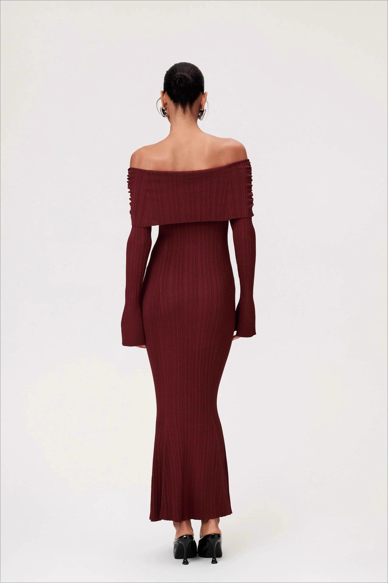 Solid Ruched OffShoulder Knit Bodycon Dress