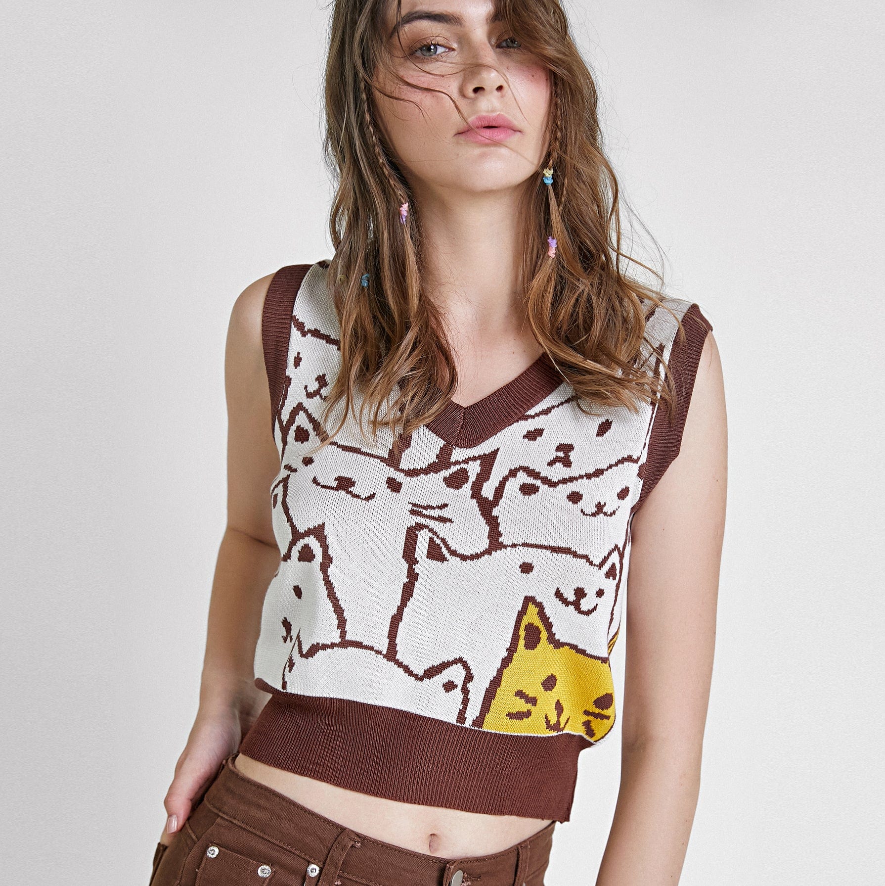 Saddle Brown Cat Print Knitted Vest