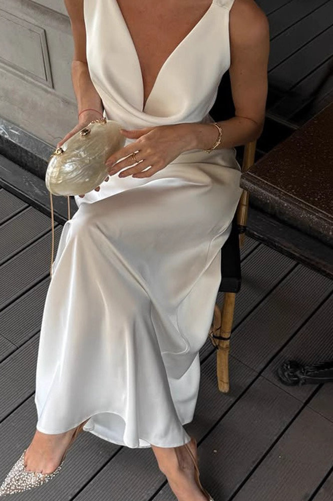 Solid Satin Cowl-Neck Luxury Party Dress