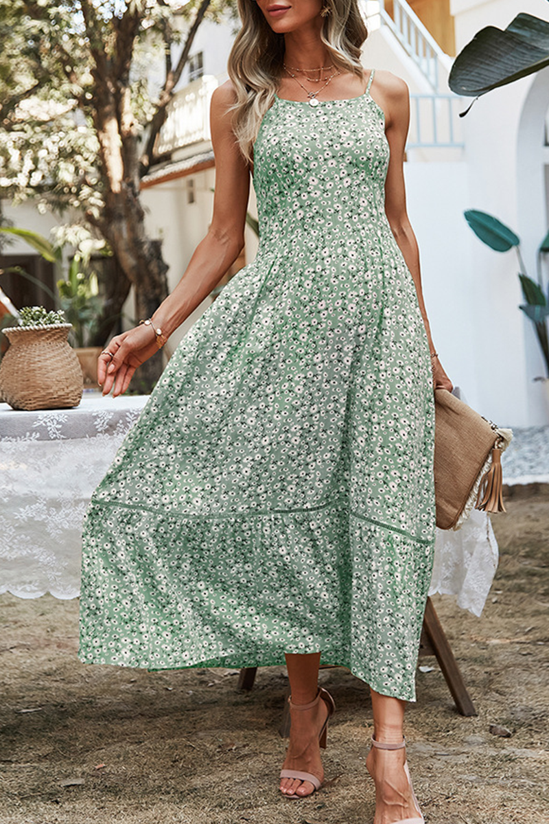 Floral Split Joint Square Collar A Line Dresses