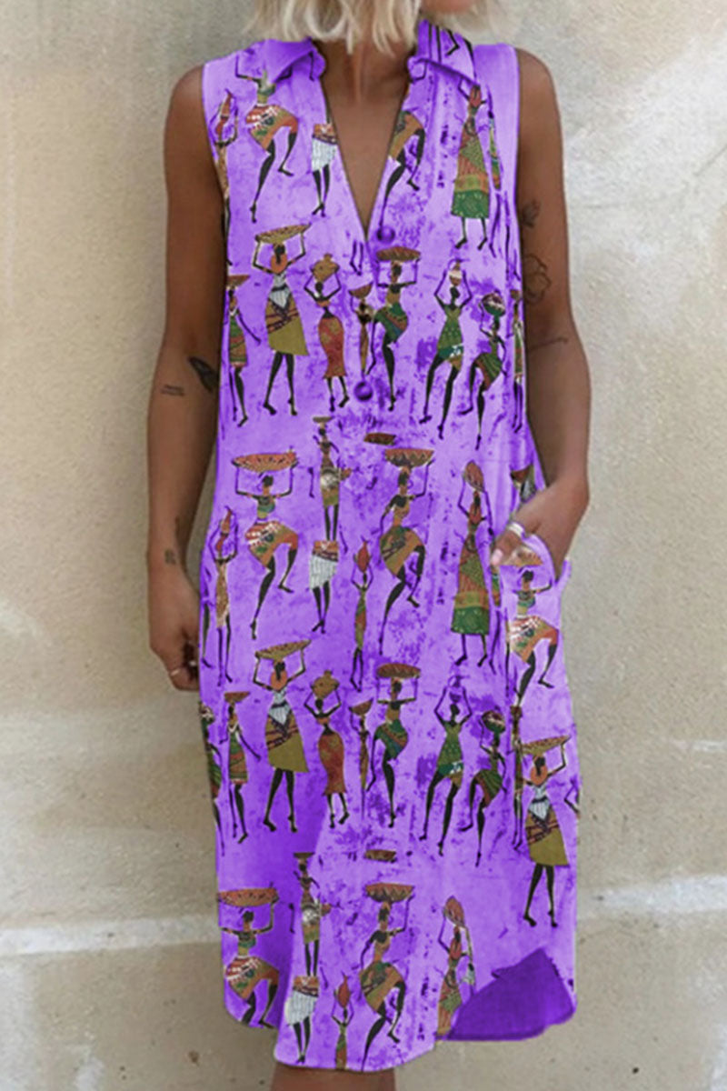 Fashion Casual Print Split Joint Turndown Collar A Line Dresses