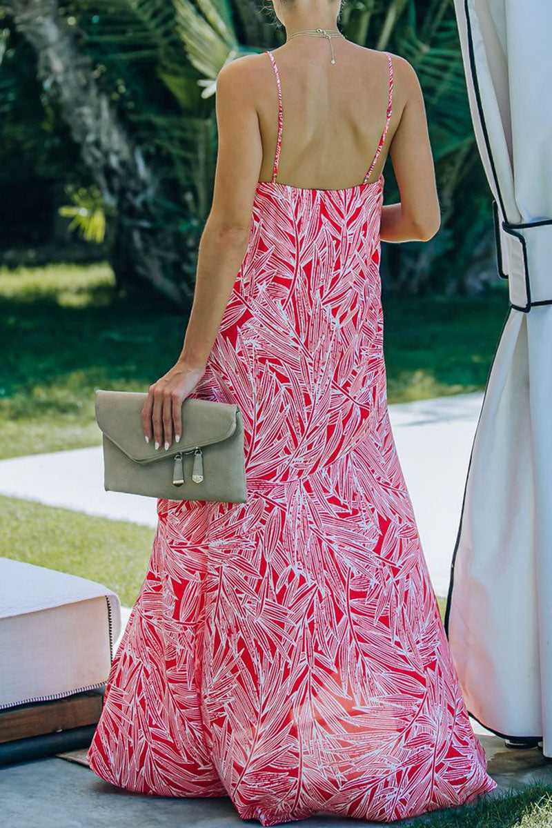 Fashion  Vacation Print Slit V Neck Princess Dresses