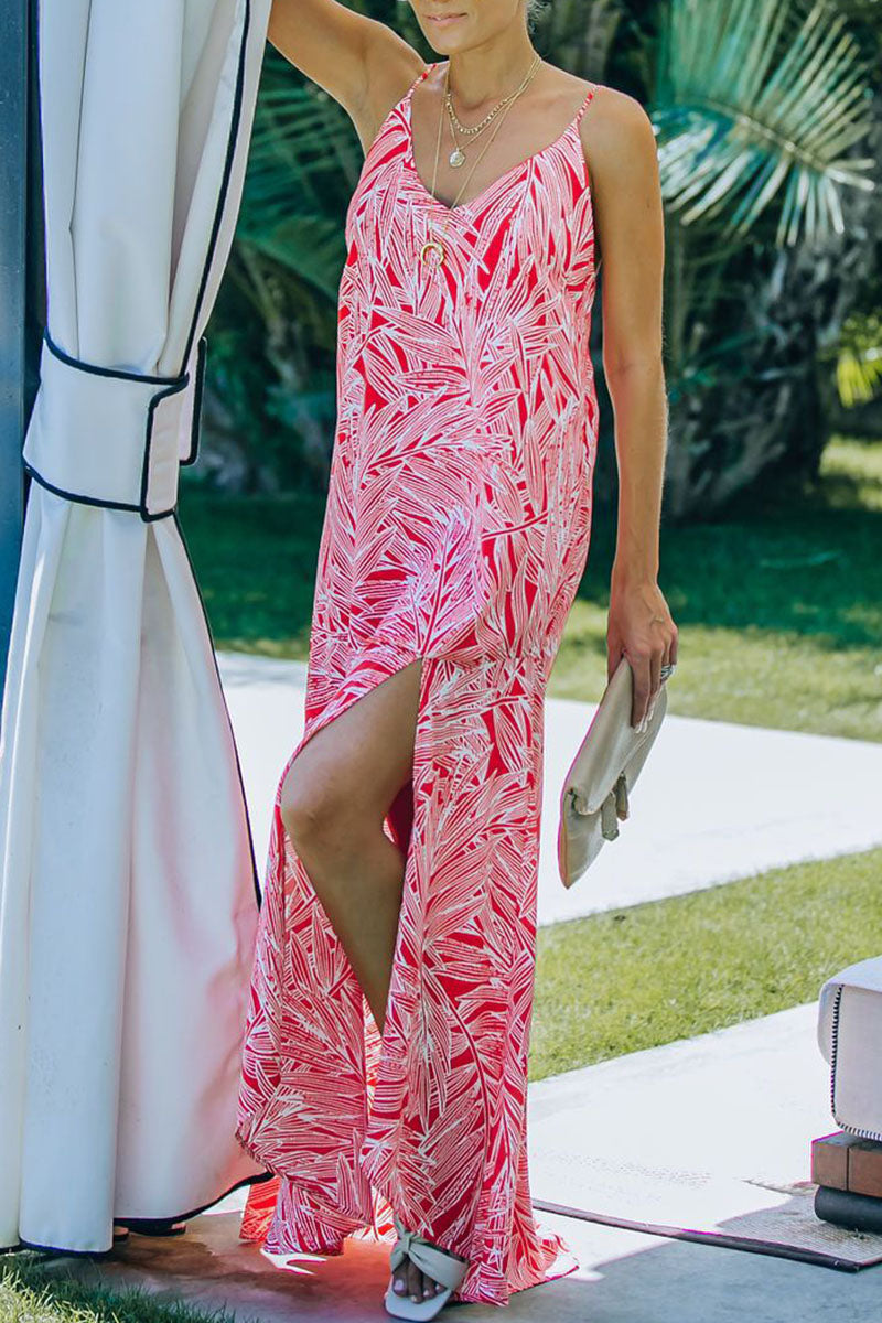 Fashion  Vacation Print Slit V Neck Princess Dresses