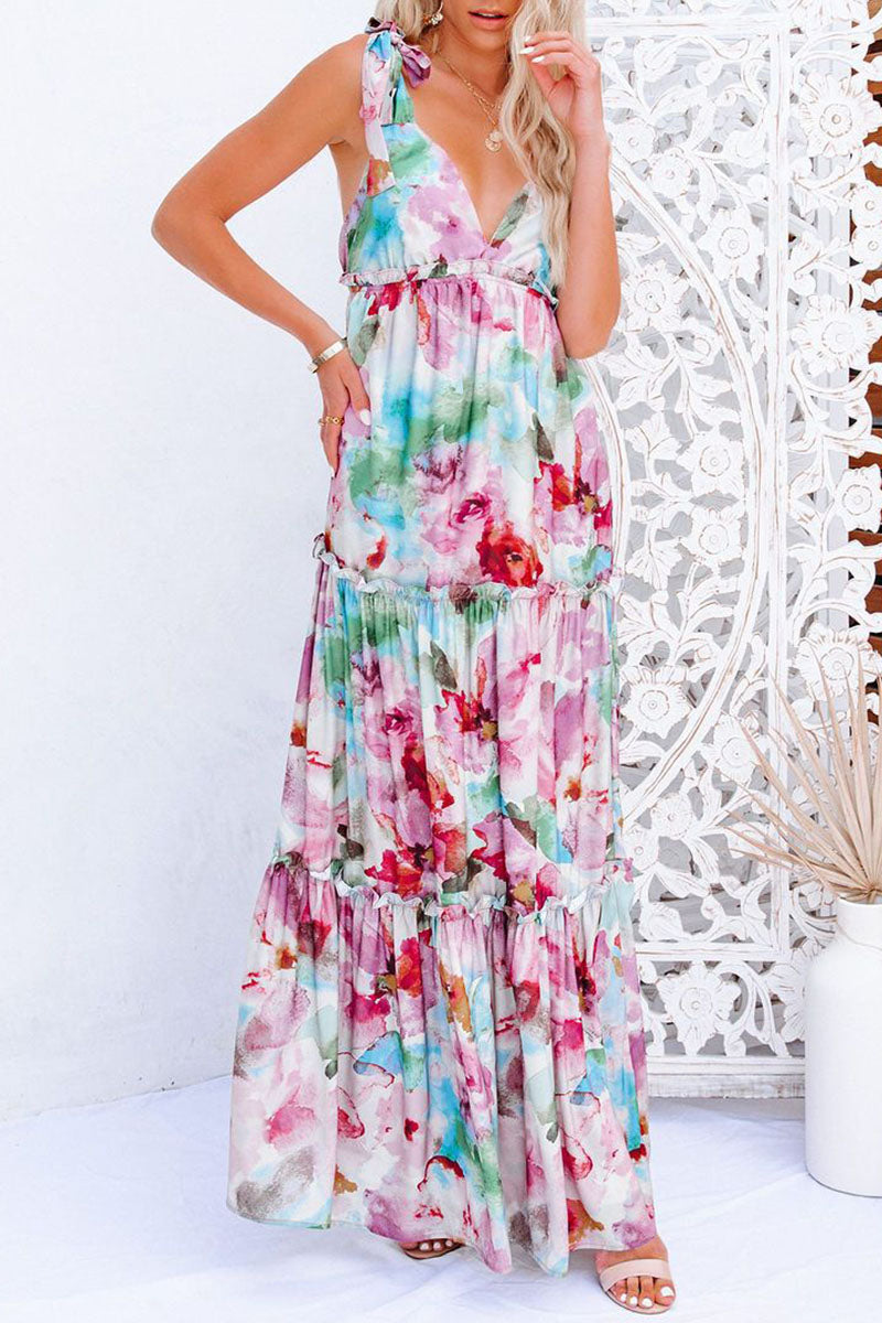 Fashion Street Print Split Joint V Neck Princess Dresses