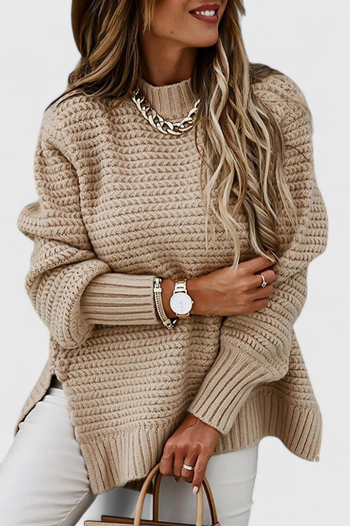 Mock Neck Chunky Knit Drop Shoulder Side Slit Sweater