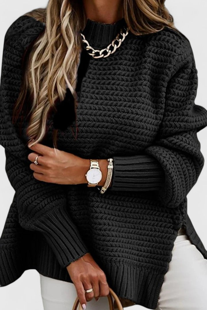 Mock Neck Chunky Knit Drop Shoulder Side Slit Sweater