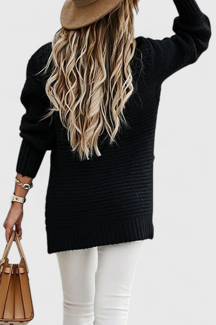 Mock Neck Chunky Knit Drop Shoulder Side Slit Sweater