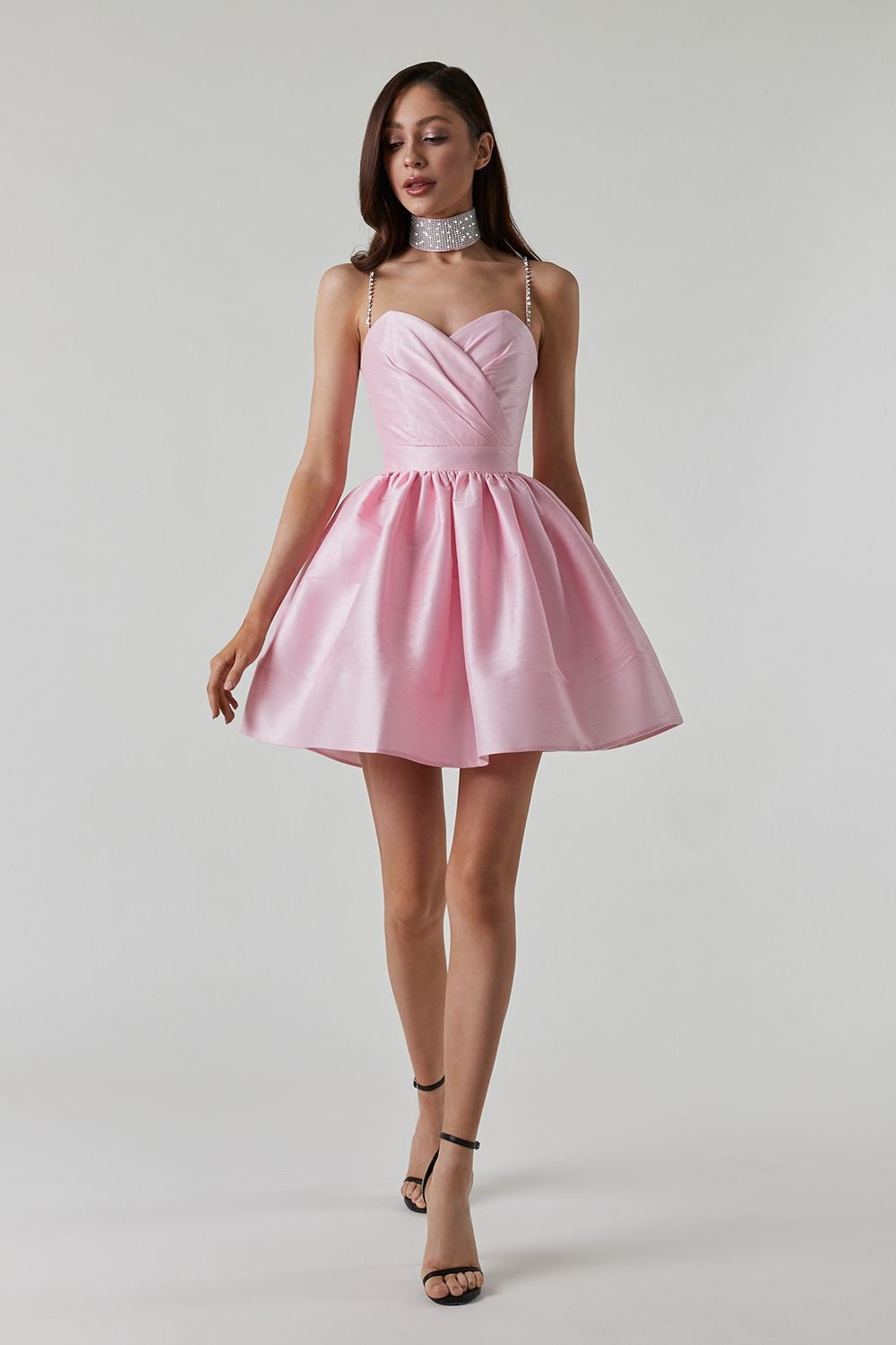 Ruched Crystal Rhinestone Mini Slip Dress