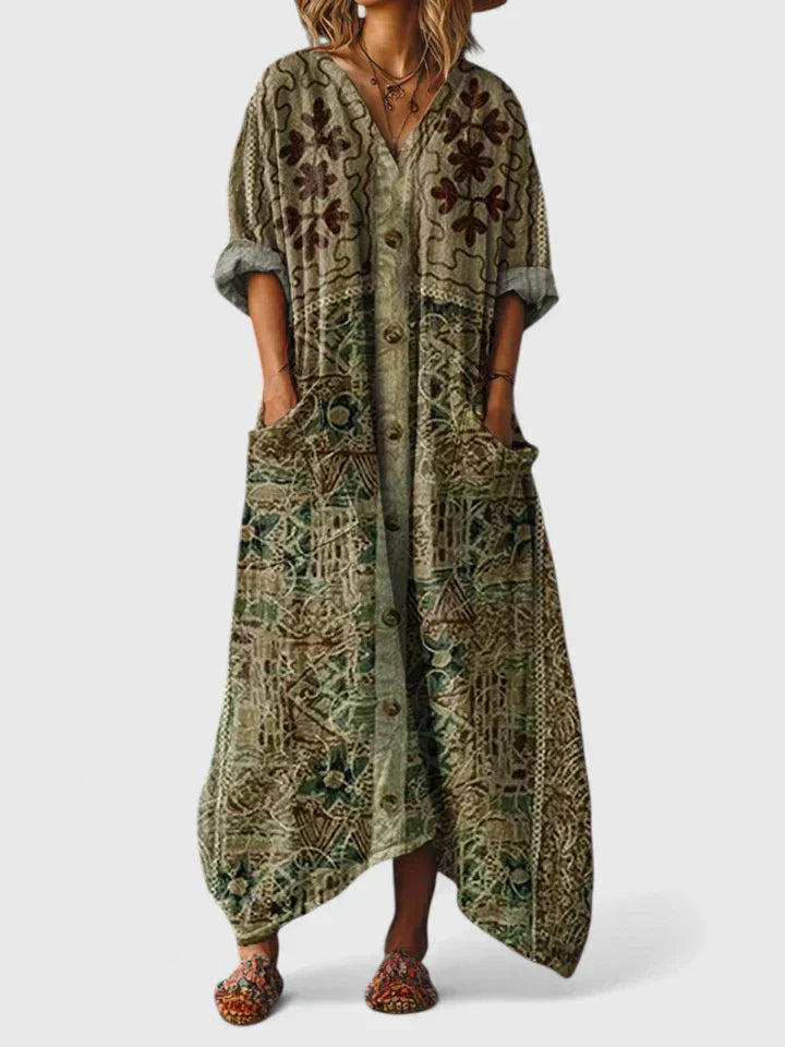 V-Neck Floral Embroidered Linen Pocket Loose Maxi Dress 7