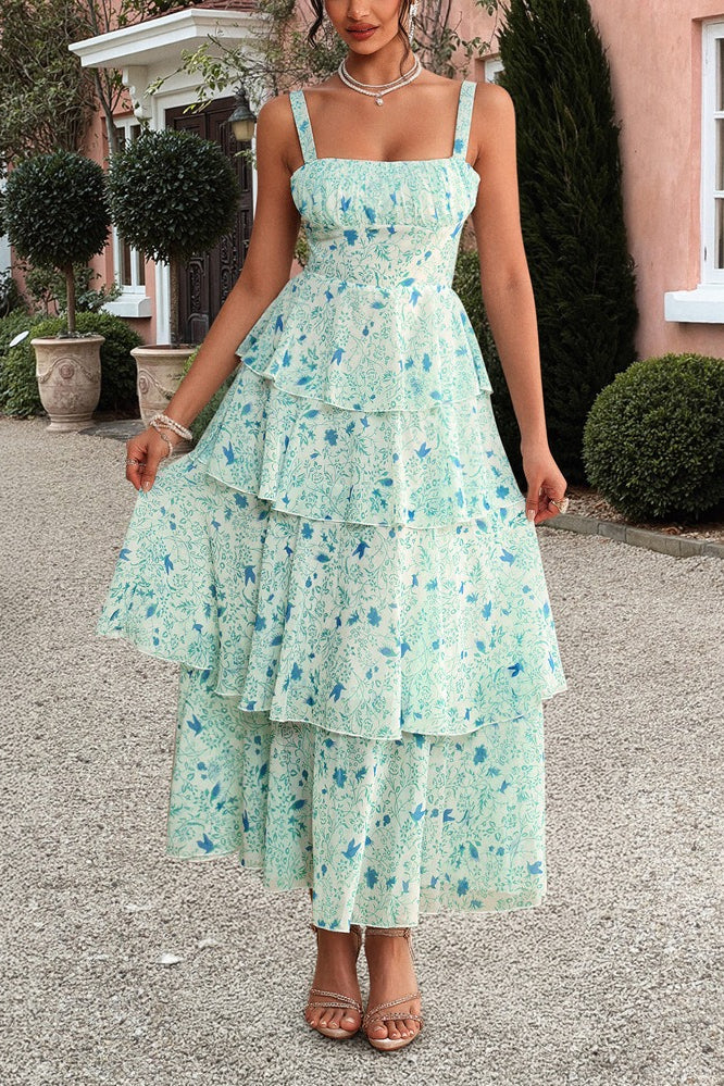Square Neck Ruched Bust Toile Floral Print Tiered Maxi Dress 10