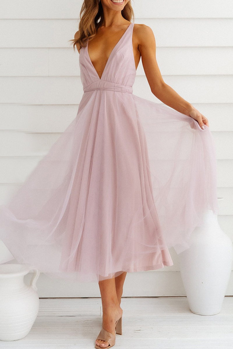 Thalia Exclusive Casual Solid Mesh V Neck Cake Skirt Dresses (4 Colors) Chic Silhouette Collection