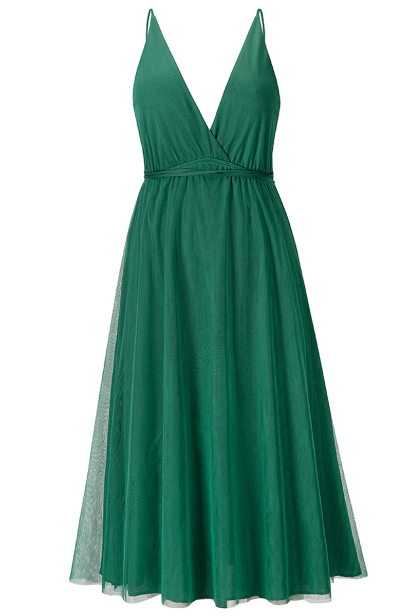 Thalia Exclusive Casual Solid Mesh V Neck Cake Skirt Dresses (4 Colors) Chic Silhouette Collection