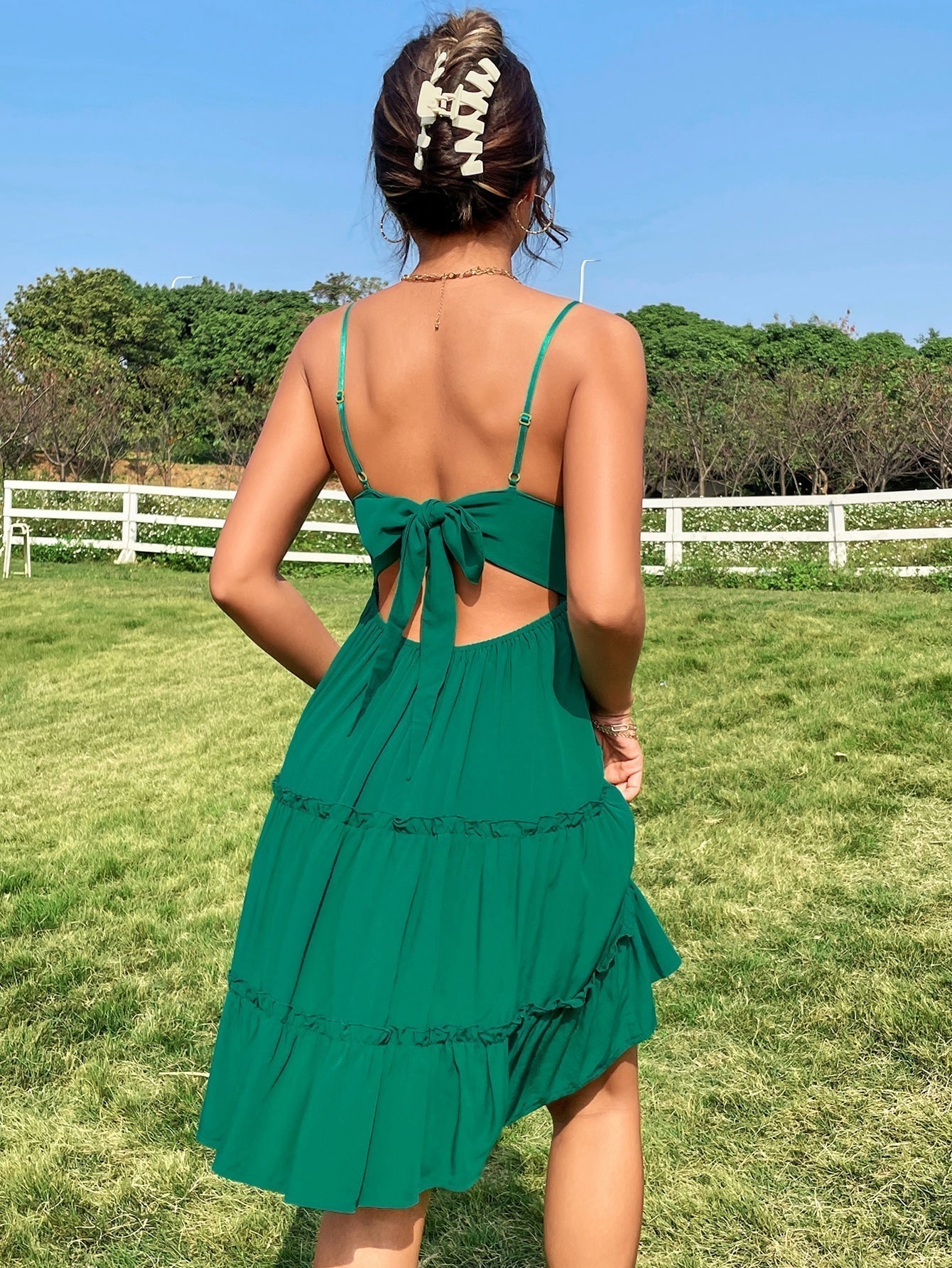 Guipure Lace Insert Layered Hem Tie Back Cami Dress