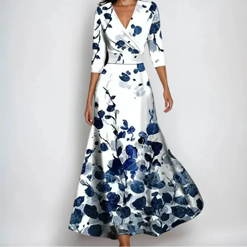 V-Neck Floral Print Three Quarter Sleeve Belted A-Line Maxi Dress