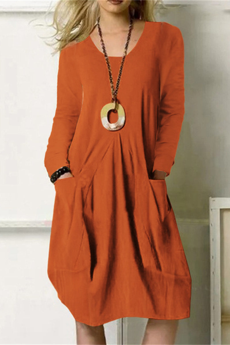 Ariadna Exclusive Dress Leisure Solid Color Pocket O Neck Long Sleeve Chic Silhouette Collection
