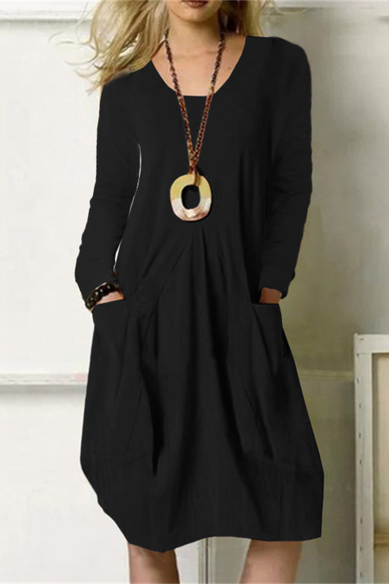 Ariadna Exclusive Dress Leisure Solid Color Pocket O Neck Long Sleeve Chic Silhouette Collection