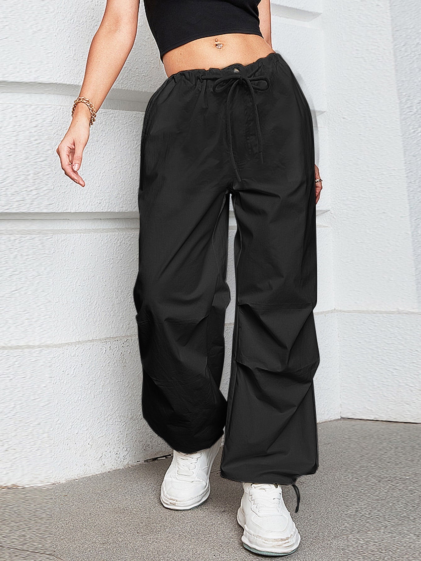 Oversized Drawstring Low Waist Slant Pocket Cargo Parachute Pants